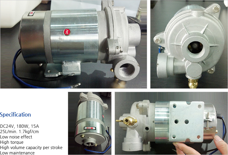 Specification DC24V, 180W, 15A 25L/min. 1.7kgf/cm Low noise effectHigh torque High volume capacity per stroke Low maintenance